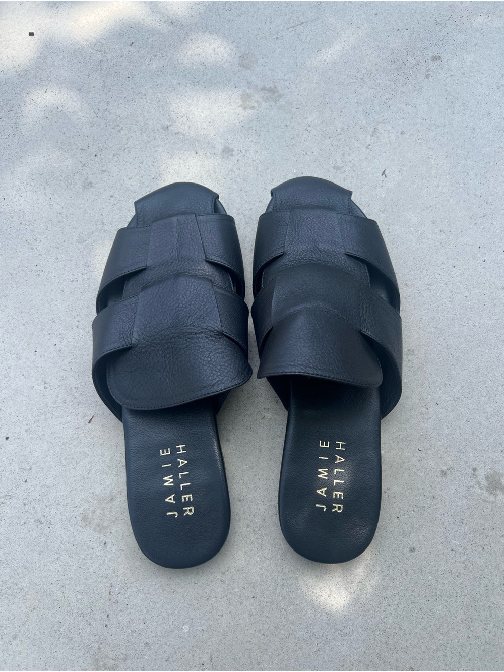 Jamie Haller Black Leather Weave Slide Sandals